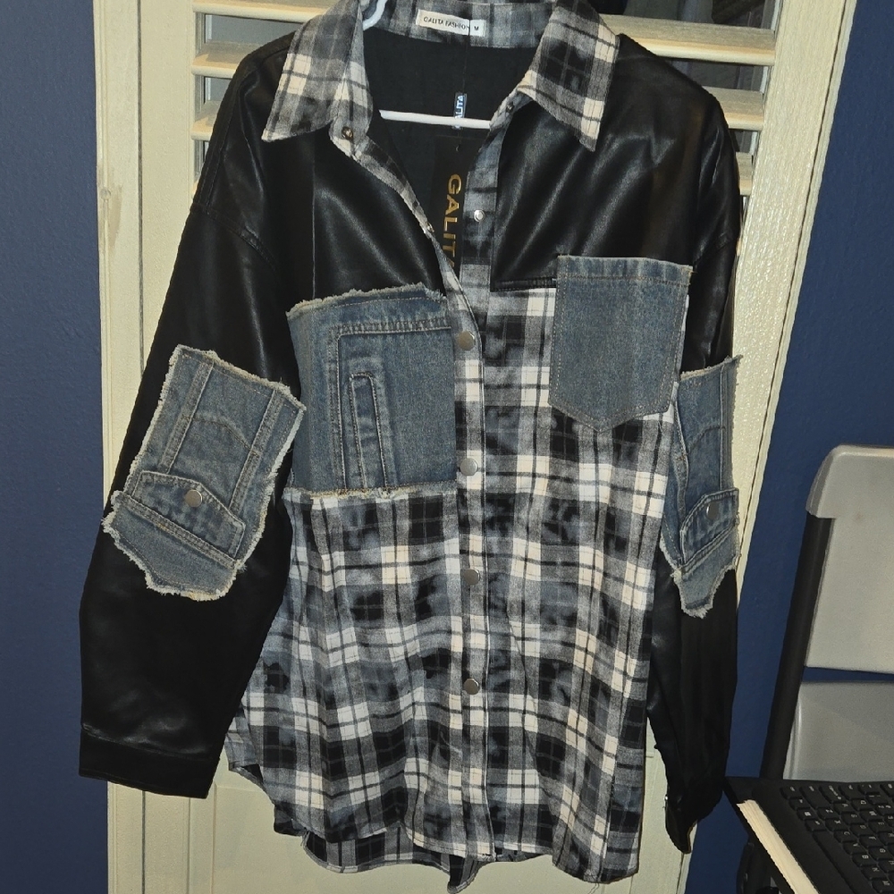 Plaid and Denim Patchwork Shirt Jacket - Picture 2 of 9